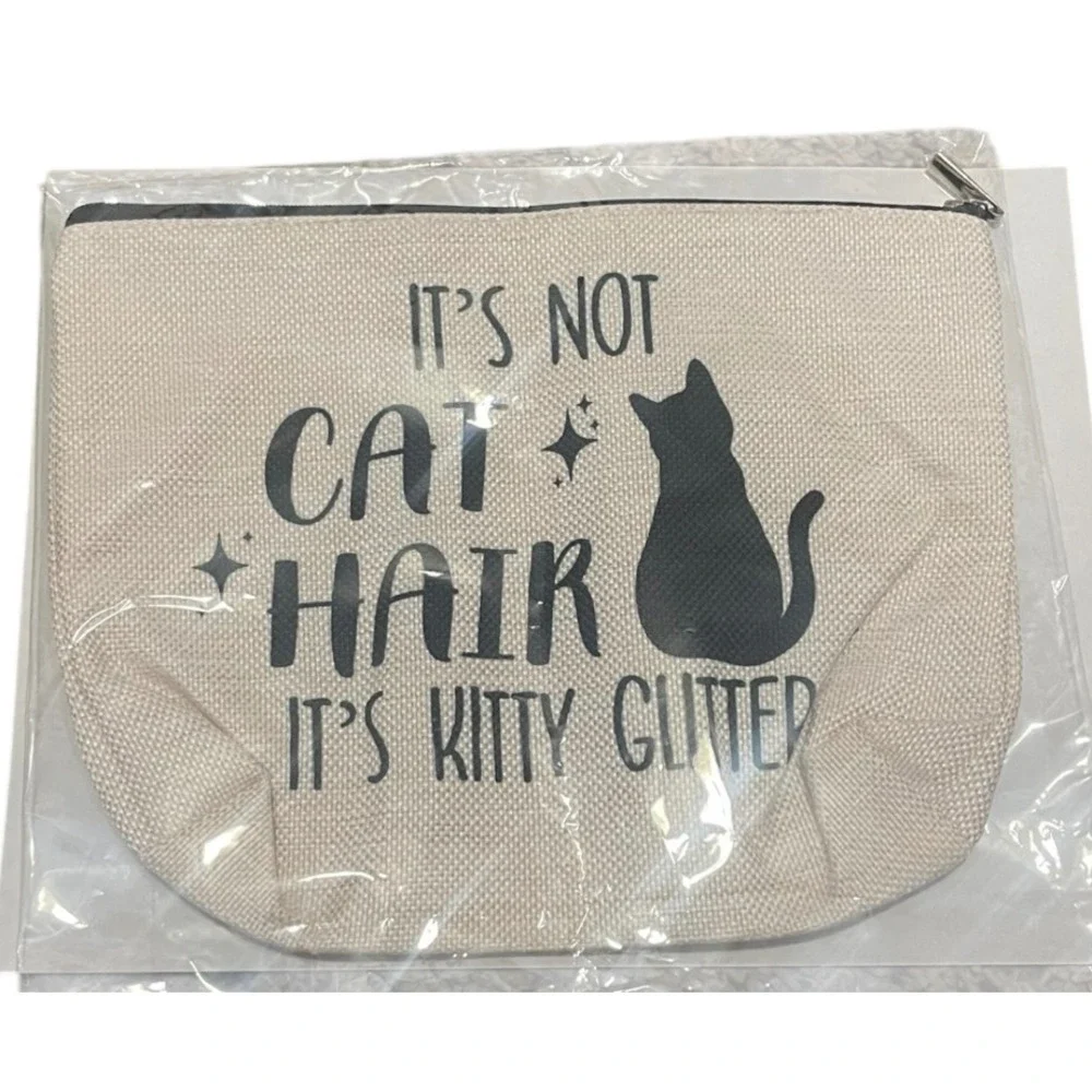 Cat It's Not Cat Hair It's Kitty Glitter Zipper Bag Cosmetic Makeup‎ Organizer